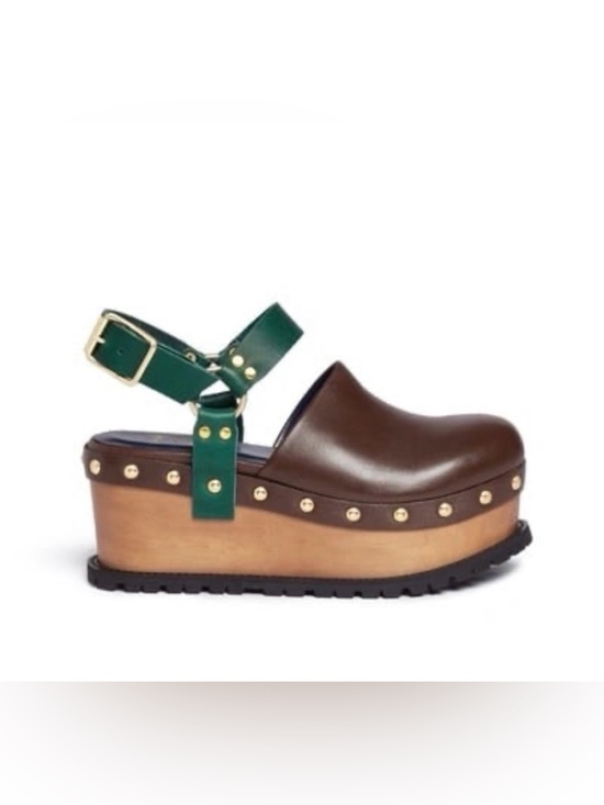 Sacai Shoes - Sacai Wooden Wedge Stud Colourblock Leather Clogs